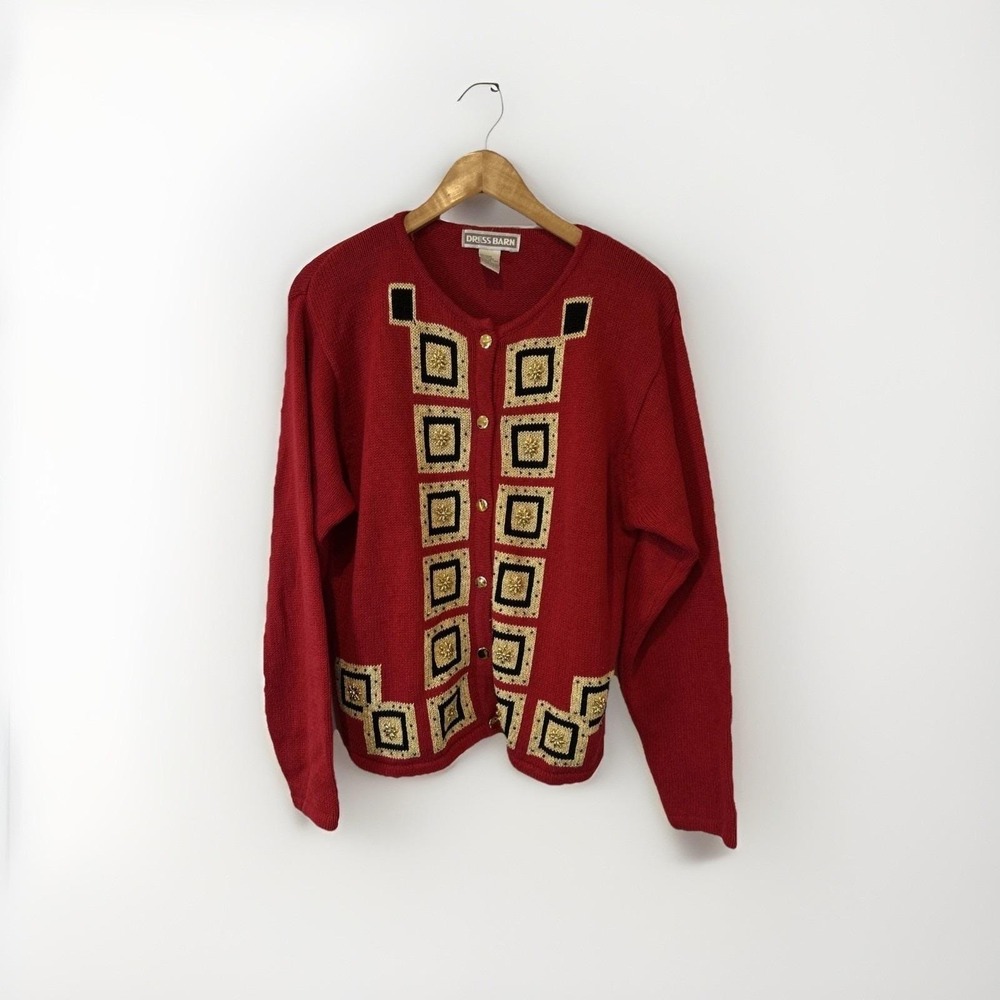 Vtg Dressbarn Womens  Christmas Sweater M Red Gold Gifts Ramie Sparkle